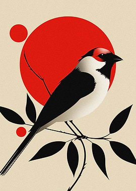 Japanese Art Poster – Red Sun with Bird on Branch