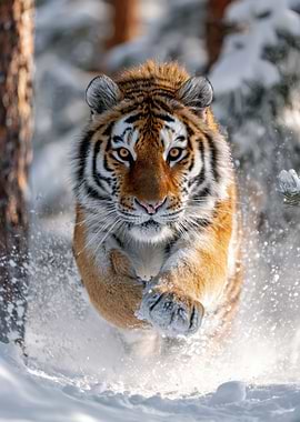Tiger Running Through Snow