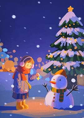 Girl and Snowman in Winter Scene