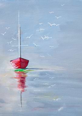 Red Boat on Calm Water Painting