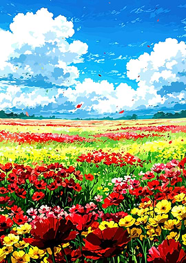 Vibrant Flower Field Under Blue Sky