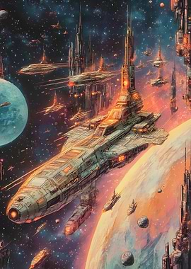 Fantasy a Futuristic Spaceships in Orbit Cosmic Japan