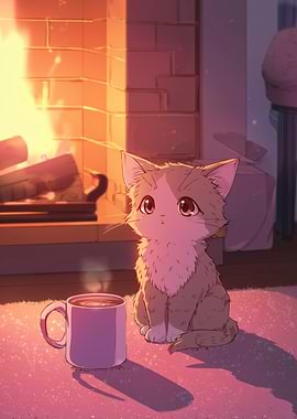 Cozy Cat by Fireplace with Coffee