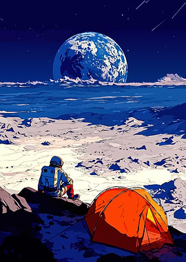 Astronaut Camping on Moon with Earth View