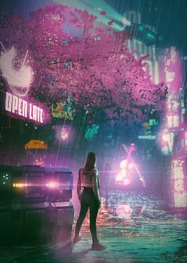 Neon Jungle – Cyberpunk Rain Scene with Hologram Violin | Futuristic City Artwork by Ryan Benoit