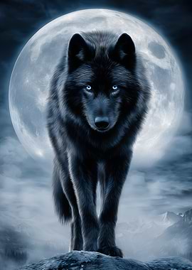 Black Wolf in Moonlight