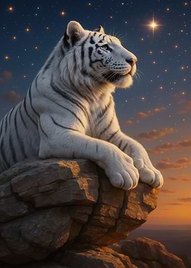 White Tiger on Rock Stargazing