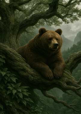Brown Bear Resting in a Tree