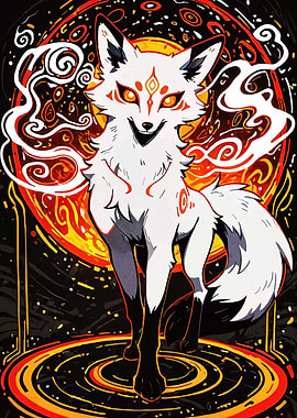 White Fox Spirit with Fiery Aura