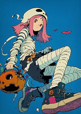 Halloween Mummy Girl with Pumpkin
