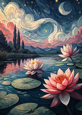 Water Lilies Under Starry Night Sky