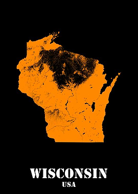 Wisconsin USA State Minimalist Black Orange Topographic Contour Relief Map featuring terrain in orange color