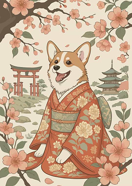 Corgi in Kimono with Cherry Blossoms
