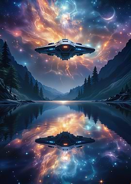 Spaceship over lake with nebula reflection