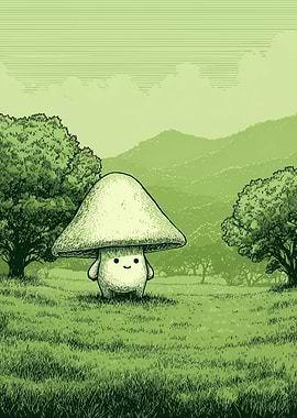 Cute Mushroom Character in Green Landscape
