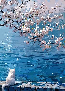 White Cat Under Cherry Blossom Tree