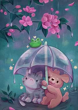 Cat and Dog Under Umbrella in Rain