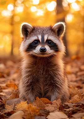 Cute Raccoon Portrait in Autumn Leaves