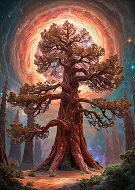 Ancient Cosmic Tree Under a Glowing Moon