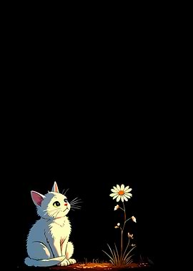 Cat and Daisy on Black Background
