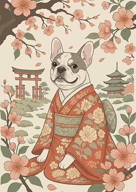 Dog in Kimono with Cherry Blossoms