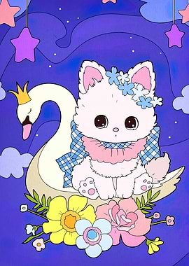 Cute Kitten on Swan with Flowers