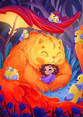 Girl hugging a big orange cat