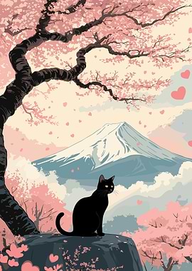 Black Cat Under Cherry Blossom Tree