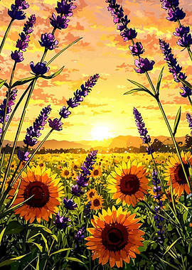Sunflower and Lavender Field at Sunset