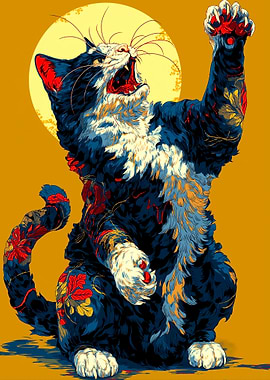 Stylized Cat Illustration with Floral Accents