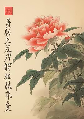 Peony Blossom Flower: Traditional Asian Sumi-e Ink & Watercolor Art