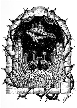 Whale Cityscape with Cat and Tulips