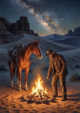 Cowboy and Horse by Campfire at Night