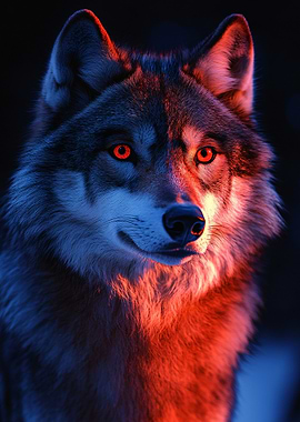 Wolf Portrait with Red and Blue Lighting