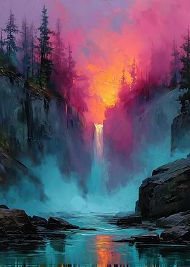 Colorful Waterfall Landscape Painting