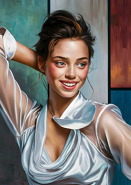 Smiling Woman in White Silky Blouse