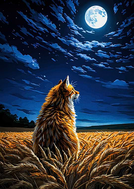 Fox in Wheat Field Under Moonlight