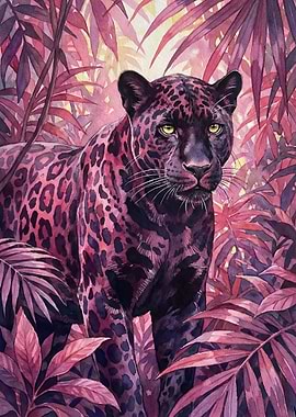 Watercolor Panther in Pink Jungle