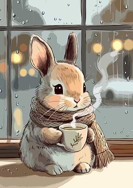 Cozy Rabbit with Coffee on Rainy Day v3
