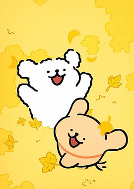 Cute Cartoon Bears Autumn Leaves