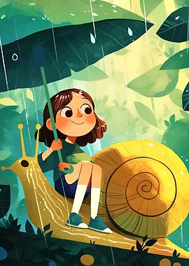 Girl Riding Snail in the Rain