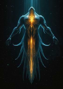 Ethereal Cosmic Guardian - Glowing Futuristic Deity Illustration
