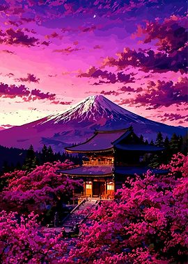 Mount Fuji and Temple at Sunset
