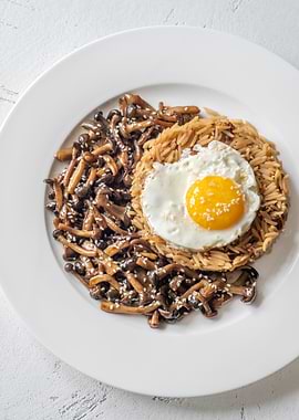 Rice, Mushrooms, and Egg on Plate