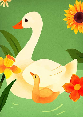 Swan and Duckling in Floral Setting