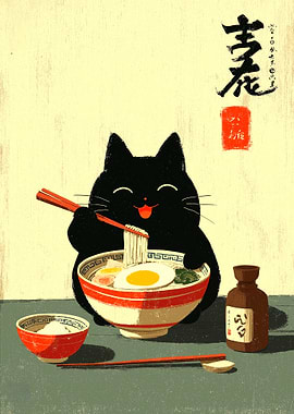 Black Cat Eating Ramen Illustration