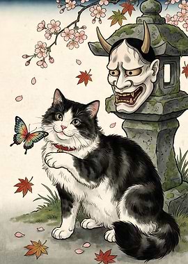 Cat, Butterfly, and Oni Mask Illustration