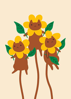 Cute Cat Sunflowers Illustration