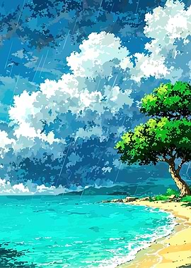 Anime Beach Landscape with Rain
