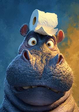 Hippo with Toilet Paper on Head